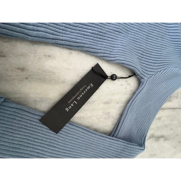 Emerson Lang- Blue Ribbed Knit Sweater Lace Neck Edge Size Small NWT - Picture 5 of 9